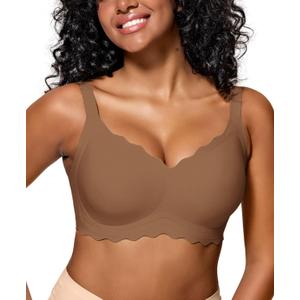 Womens Full Coverage Wire Free Bra - Plus Size Bras with Support and Lift Scalloped Everyday Comfort Bralettes (Brown)