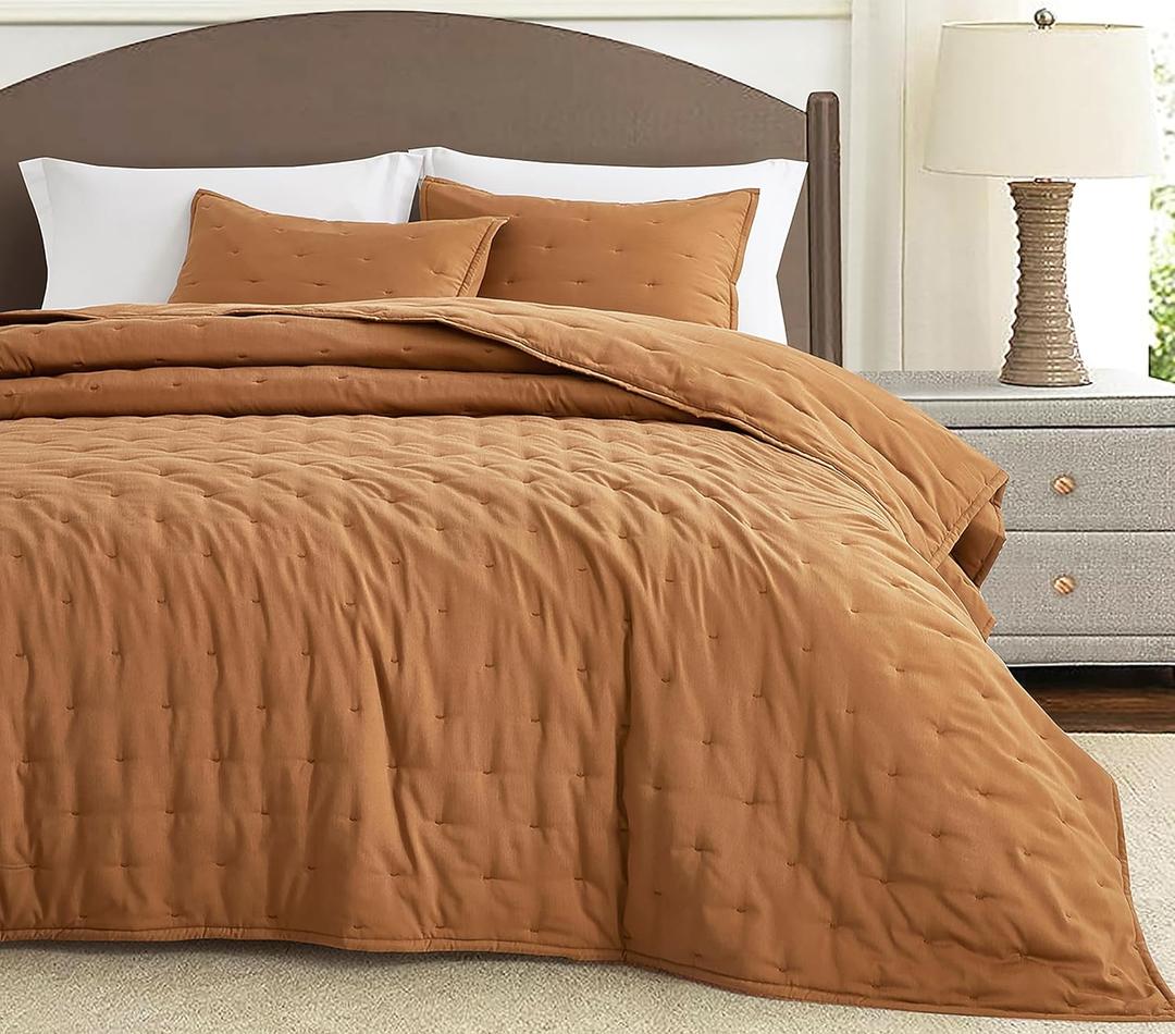 Chezmoi Collection Tencel Modal Blend Quilt Set Queen Size, Terracotta - Lightweight Soft Bedspread Crescent Stitched Quilt for All Seasons