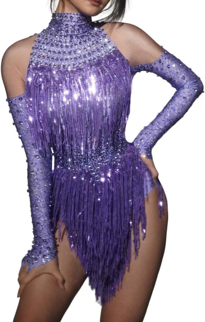 Women's Latin Dance Leotard Pole Dance Performance Costume Sequins Tassel Bodysuit Birthday Cocktail Party Dresses (Purple, S)