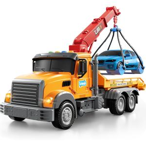 Kids Tow Truck Toy for Boys Age 3-5, Friction Powered Crane Transport Vehicle with Light and Sound, Flatbed Truck Toy, Birthday Gifts for Toddlers Boys Girls