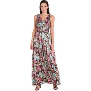 R&M Richards Women's V-Neck Pleated Floral Maxi Dress W/Ruched Waistband & Elegant Crinkle Texture - Spring & Summer Wear (XL)