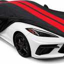 SR1 Performance USA C8 Corvette Car Cover Outdoor 20202026 Custom Fit Stingray Z06 Z51 E-Ray, Water Resistant Breathable, UV Protection, Wind Secure & Storage Bag (Black with Red Stripes)