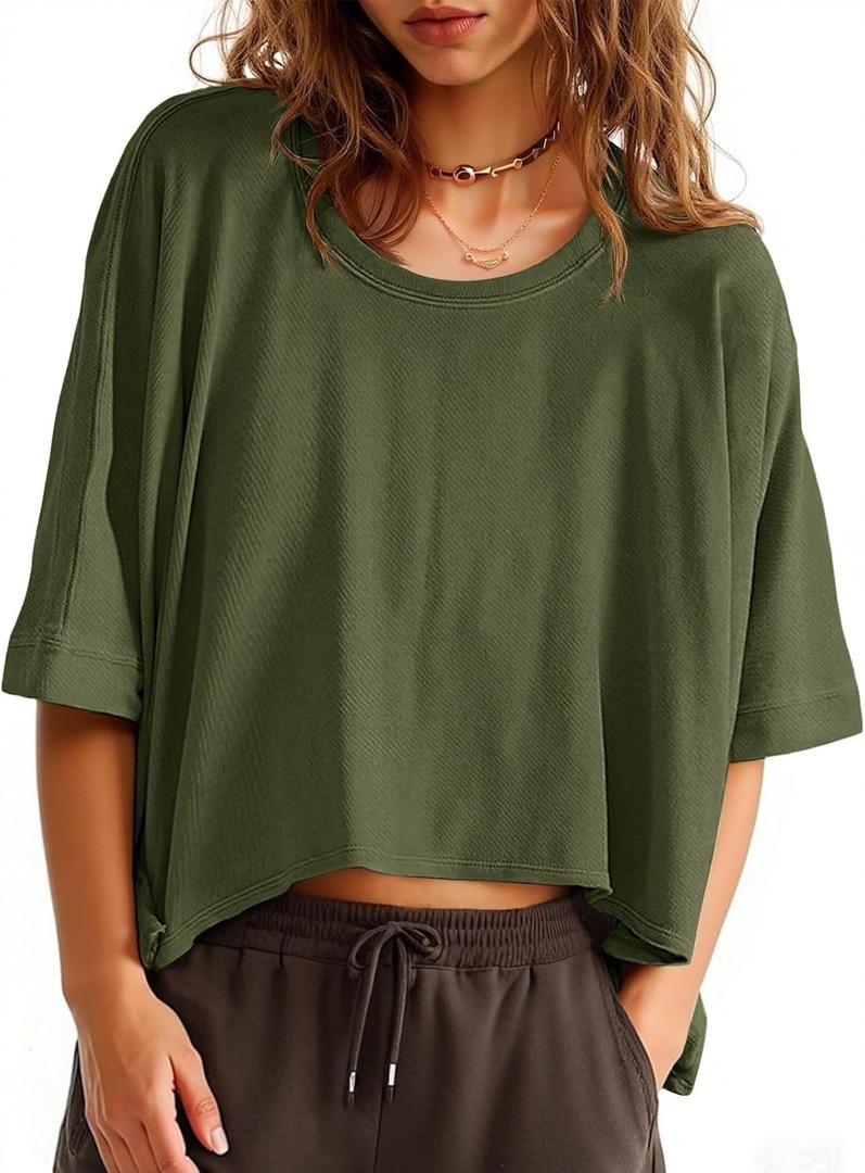 Tankaneo Womens Oversized T-Shirts Cropped Summer Casual Short Sleeve Loose Fit Tee Tops (Green, M)