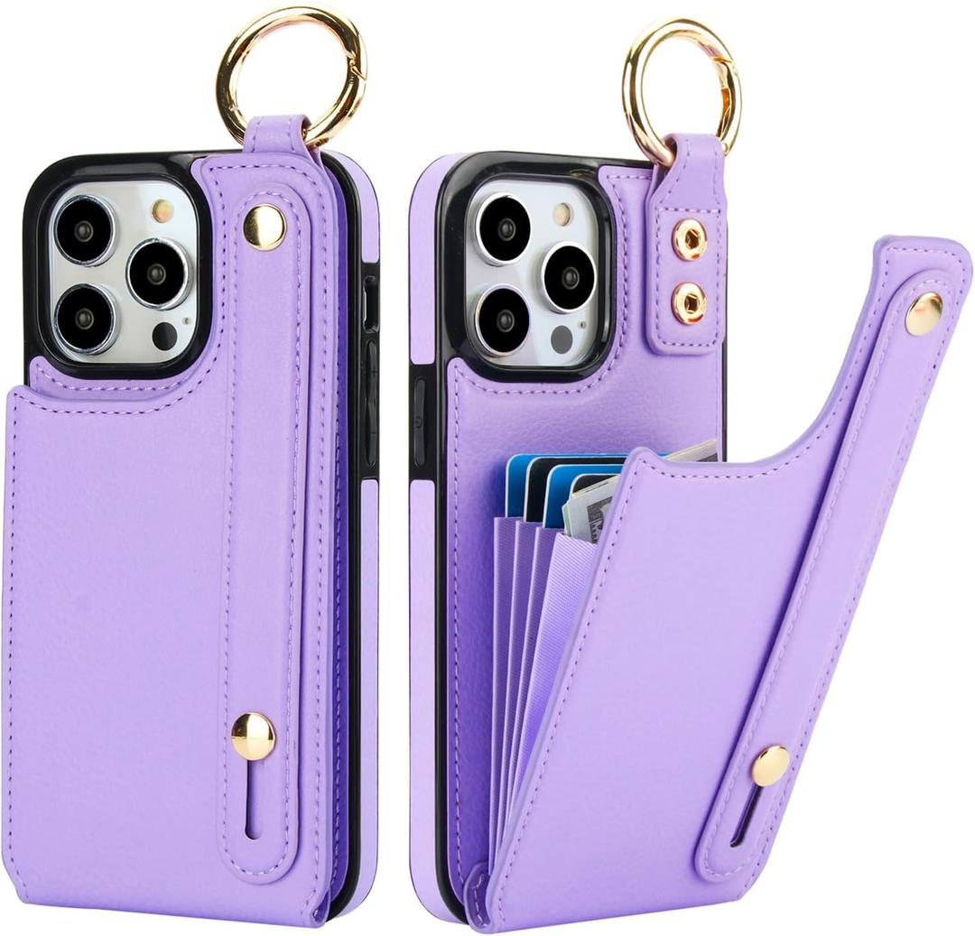 Folosu for iPhone 14 Pro Max Wallet Case with Card Holder, Hand Wrist Strap Loop Holder Kickstand, RFID Blocking Finger Grip Ring PU Leather Double Buttons Shockproof Cover 6.7" Purple