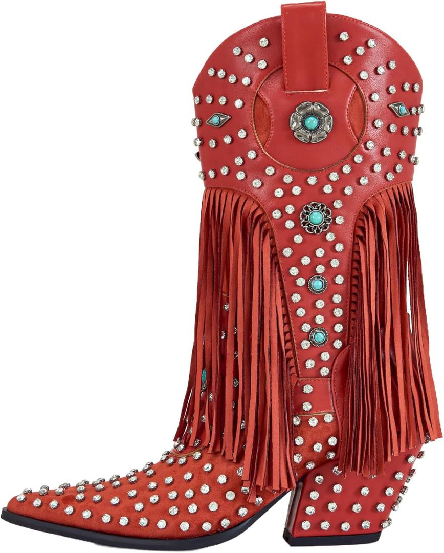 sexytag Fringe Cowboy Boots Rhinestone Embellishments Mid Calf Cowgirl Boots Turquoise Flower Studded Western Booties. 41 Size