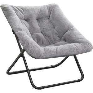 Tiita Comfy Saucer Chair, Soft Faux Fur Oversized Folding Accent Chair, Lounge Lazy Chair for Kids Teens Adults, Metal Frame Moon Chair for Bedroom, Living Room, Dorm Rooms, X-Large, Grey