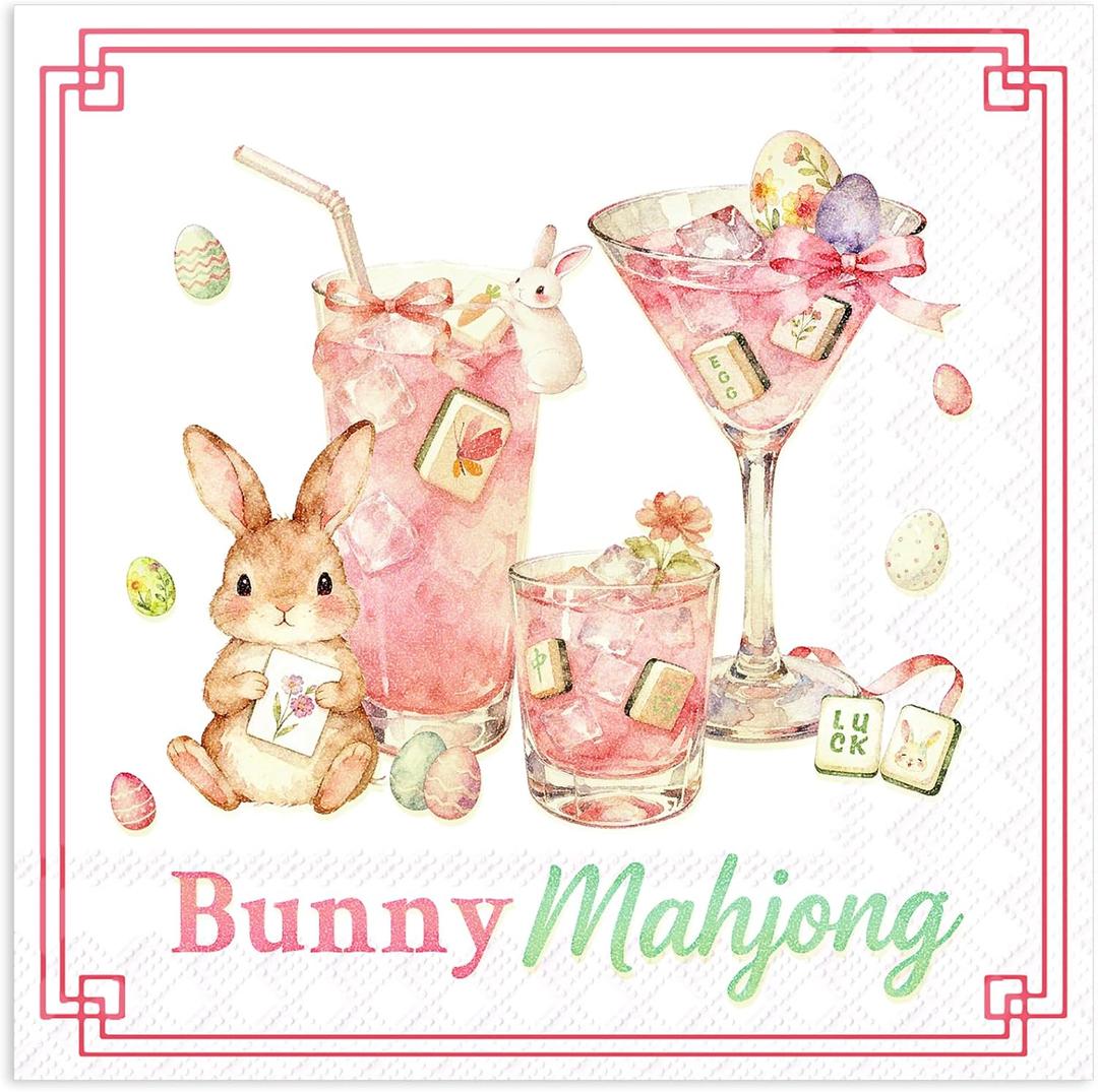 2 x 50PCS Easter Mahjong Party Cocktail Napkins, Pink Watercolor Bunny Mahjong Disposable Paper Beverage Napkins for Spring Holiday Dinner Wedding Baby Shower Birthday Party Supplies