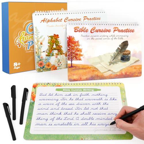 Magic Grooved Cursive Handwriting Workbook,Reusable Handwriting Practice Books Cursive Workbook for Kids Ages 8-12,Alphabet Bible Verses Grooved Writing Practice Books Classroom Homeschool Essentials