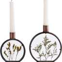 NIKKY HOME Nature Dried Flower Taper Candle Holders Set of 2, Vintage Decorative Metal Candlesticks Round Frame with Glass Centerpieces Decor for Dining Room Table Wedding Party Mantle Fireplace