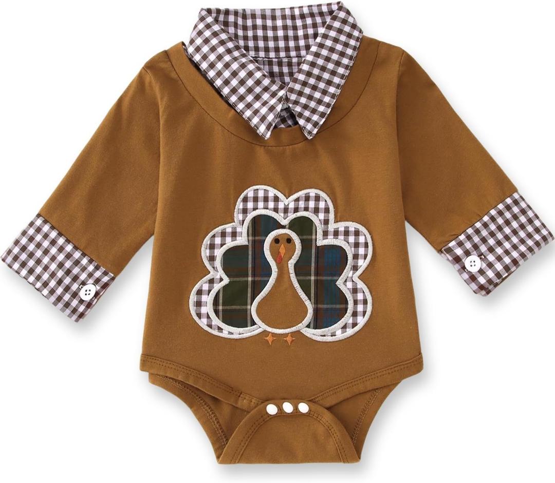 Ritatte Infant Baby Boy Girl Thanksgiving Outfit Funny Turkey Romper Bodysuits Plaid Collar Long Sleeve Onesie Fall Clothes (12-18 Months, Brown)