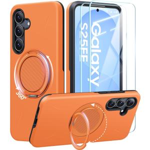 JAME for Samsung Galaxy S25 FE Case, Ring Holder Stand Kickstand, 2 Packs Screen Protector, Dual Layer Shockproof Protective Cover, Magnetic Accessory Friendly Galaxy S25 FE Phone Case, Orange