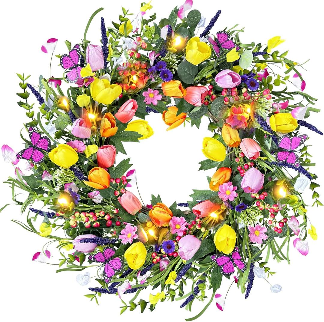 24 Inch Spring & Summer Artificial LED Tulip Wreath with LED Lights, Multicolor, for Easter, Holidays & Celebrations