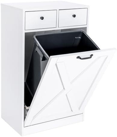 Zedesey 13 Gallon Tilt Out Trash Cabinet with 2 Drawers Wood Hidden Kitchen Recycling Cabinet Free Standing Pet Proof Trash Can Laundry Cabinet for Kitchen (White)