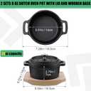 2 Sets 20 oz Dutch Oven Pot with Lid and Wooden Base Pre Seasoned Cast Iron Casserole Mini Cast Iron Pot Round Cocotte with Handle Heavy Duty Casserole Dish for Grill Oven Black