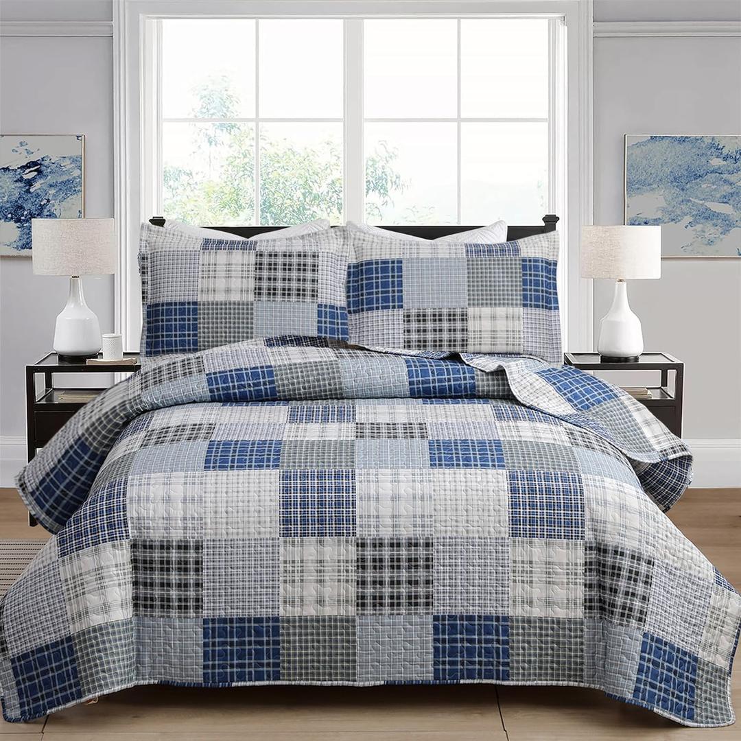 Hailea Plaid Quilt Queen Size Blue White Patchwork Bedding Lightweight Buffalo Checkered Bedspread Coverlet All Season Home Bedding Decor with 2 Pillowshams Hailea Plaid Quilt Queen Size Blue White Patchwork Bedding Lightweight Buffalo Checkered Bedspread Coverlet All Season Home Bedding Decor with 2 Pillowshams