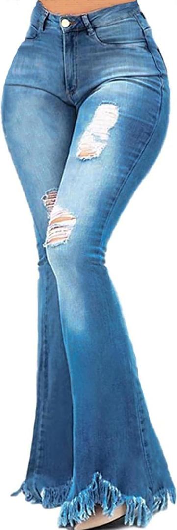 70s Bell Bottom Jeans for Women Elastic High Waisted Raw Hem Denim Pants Classic Vintage Flared Jeans (X-Large, Blue)