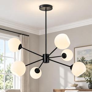 KoKo&Yukina 6-Light Sputnik Chandelier Black Sputnik Chandeliers Modern Mid Century Globe Pendant Light Matte Black Finished with Milky White Globe Glass Lampshade for Bedroom Kitchen Living Room, 38 inches