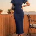 ZESICA Women's Summer Short Sleeve Bodycon Midi Dress 2026 Spring Elegant Formal Wedding Guest Cocktail Party Dresses (Blue, L)