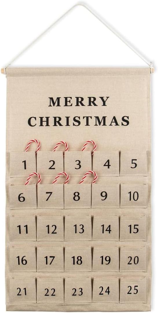 Christmas Countdown Advent Calendar with Pockets,Advent Calendars for Kids Chocolate & Candy,Countdown to Christmas Xmas Holiday Decorations,17x28 Inch (Beige)