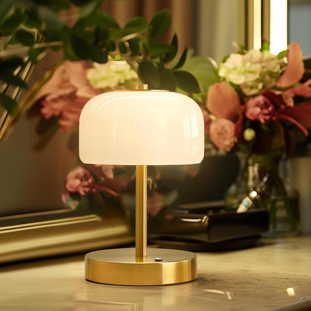 Oneach Portable Cordless Table Lamp, Rechargeable Battery Powered Lamp with Opal Glass Shade, 3-Way Dimmable LED Touch Mushroom Table Lamp for Bedroom, Bedside, Living Room, Dining Room, Patio, Gold (Gold(1 pack))