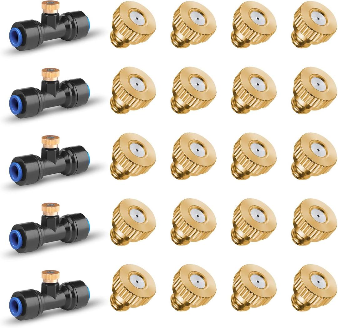 HOMENOTE 20 Pack Brass Misting Nozzles and 5 Pack Tees Misters for Outdoor Cooling System, Misting Nozzles Replacements for 1/4 inch tubing