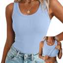 Zeagoo Basic Shelf Bra Tank Tops for Women Long Racerback High Neck Tanks Summer Workout Slim Fit Ribbed Tops Light Blue, Medium