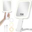Magnifying Mirror with Light, Rechargeable 1X/15X Magnification Lighted Makeup Mirror Double Sided, Portable Travel Makeup Mirror with 3 Color Lights, Brightness Adjustable Handheld Mirror Tabletop