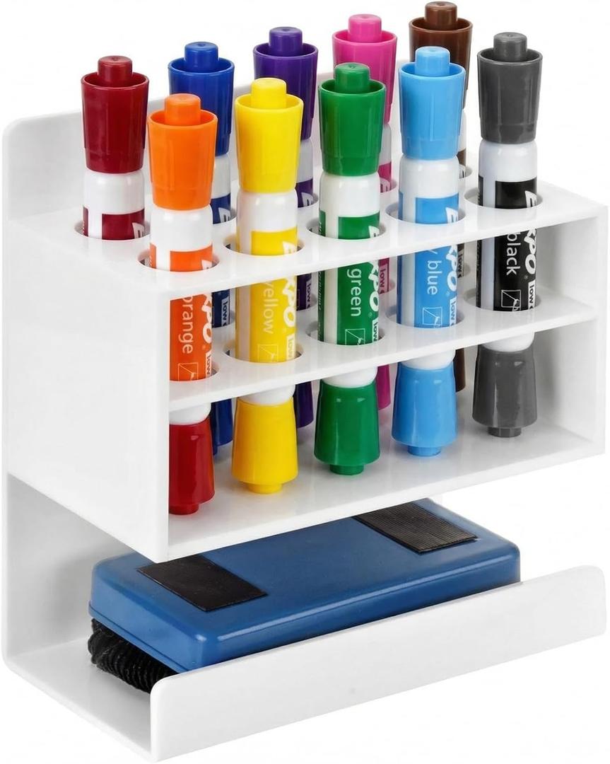 MyGift Dry Erase Marker Holder 10 Slots Whiteboard Marker Holder For Wall Dry Erase Eraser Holder Wall Mount White