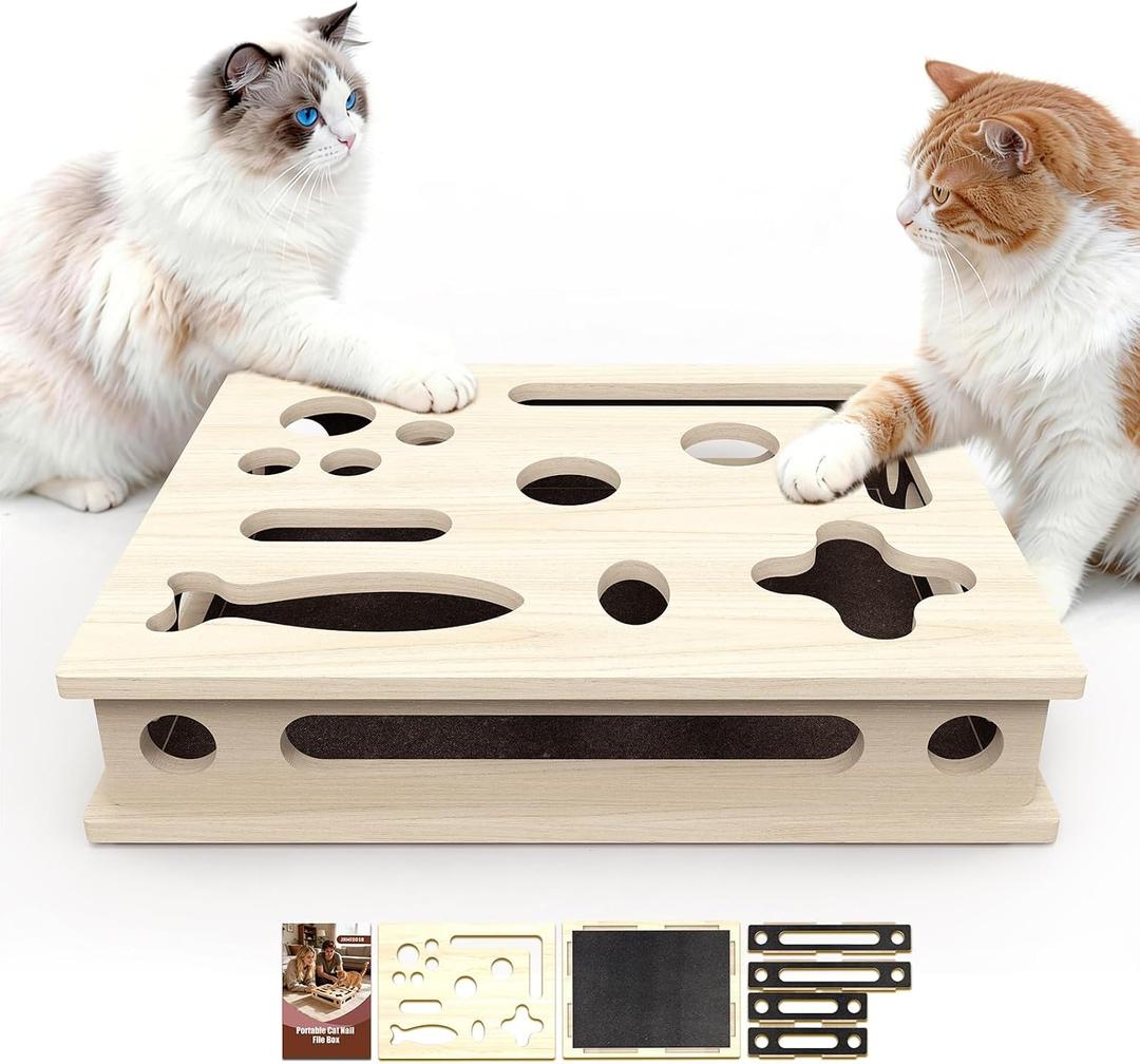 Cat Scratch Puzzle Enrichment Box, Large Solid Wood Construction Cat Nail File Enrichment Box with Sandpaper Inside, Cat Nail File Box Stress Free Alternative to Clippers and Grinders (No Bell Ball)