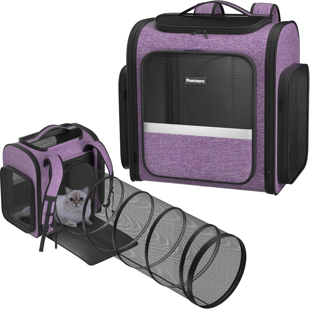 Pawtners Cat Backpack Carrier, Large Space Dog Backpack with Breathable Mesh, Expandable Pet Carrier Backpack for Small Medium Kitten Puppy Up to 18 Lbs, Suitable for Travel Hiking Camping Shopping (15.7"L x 12.6"W x 15.0"H, Purple with Tunnel)