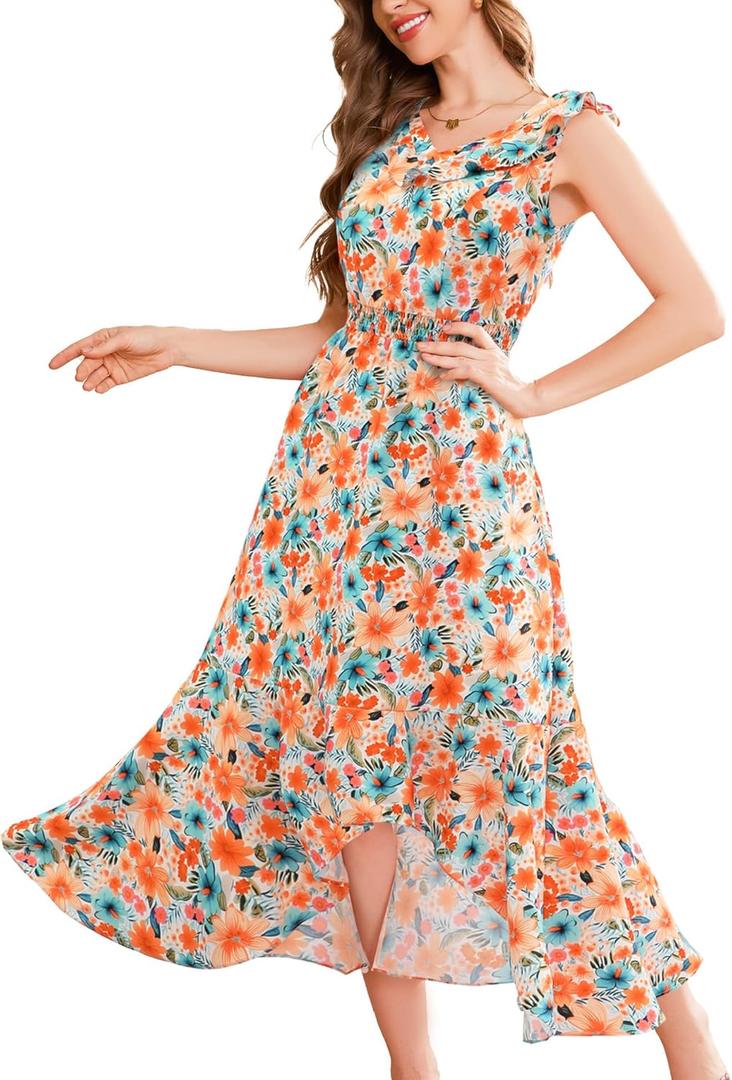 Aupuls Womens High Low Floral Maxi Dress V Neck Spring Ruffle Beach Summer Wedding Guest Dress (Small)