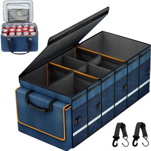 Car Trunk Organizer and Storage with Removable Leakproof Cooler Bag, 6 Removable Dividers for Custom Space, Collapsible Trunk Storage with Non Slip Bottom, Foldable Cover for SUV, Jeep, MPVs (Blue)