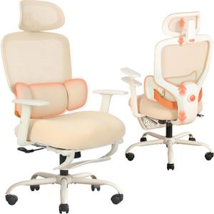 Ergonomic Office Chair with Footrest, Mesh Desk Chair with Adjustable Headrest & Armrests & Dynamic Floating Wing Lumbar Support, High Back Computer Chair for Home Office, BIFMA Certified, Beige (Apricot)