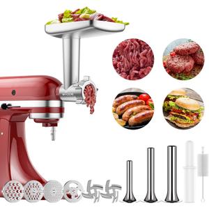 GVODE Meat Grinder Attachment for KitchenAid Stand Mixer, Meat Grinders Includes 4 Grinding Plates, 3 Sausage Stuffer Tubes, 2 Grinding Blades, For KitchenAid Mixer Attachments