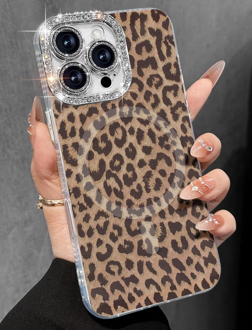 Toycamp for iPhone 16 Pro Max Case - Compatible with Magsafe Aesthetic Cute Brown Leopard Laser Holographic i 16 ProMax Case with Diamond Bling Lens Protector for Apple 16Pro Max Cover for Women Girls