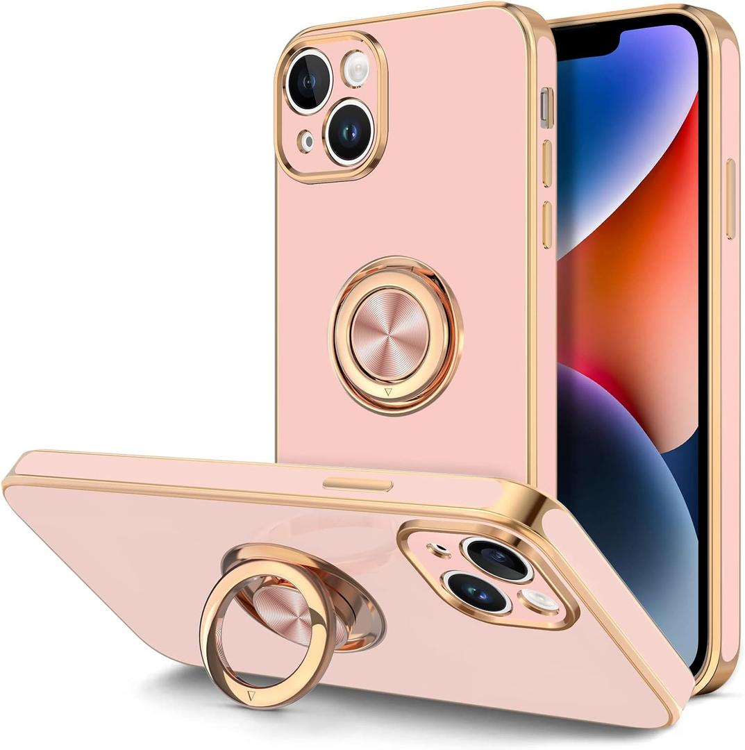 Hython for iPhone 14 Plus Case with Ring Stand [360 Rotatable Ring Holder Magnetic Kickstand] [Support Car Mount] Plated Gold Edge Soft TPU Luxury Shockproof Protective Phone Case Cover, Pink