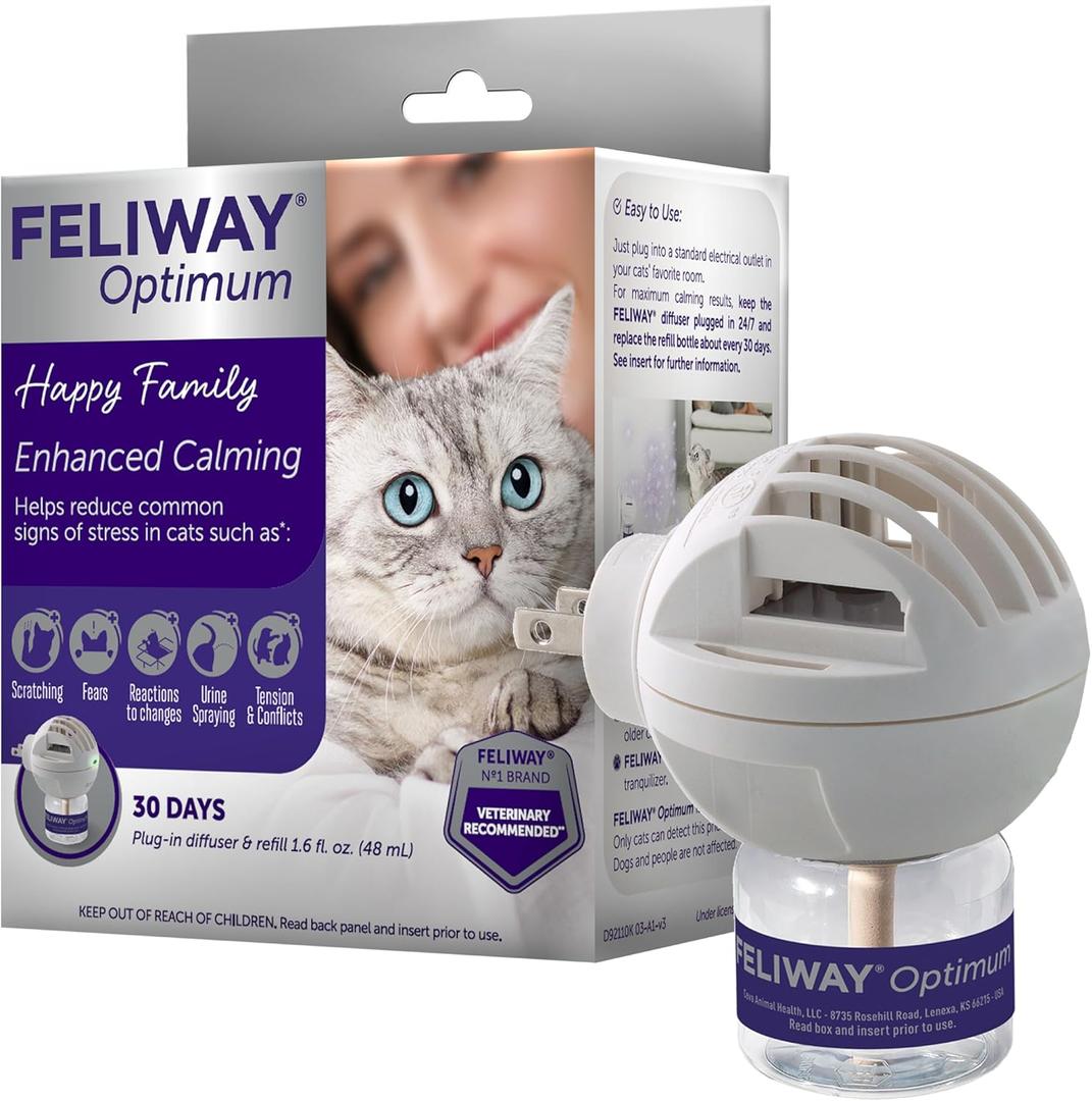 FELIWAY Optimum 30 Day Cat Calming Plug In Pheromone Diffuser Starter Kit, 48ml - Helps Reduce Common Signs of Stress in Cats & Kittens, Enhanced Calming (1 Pack, Translucent)
