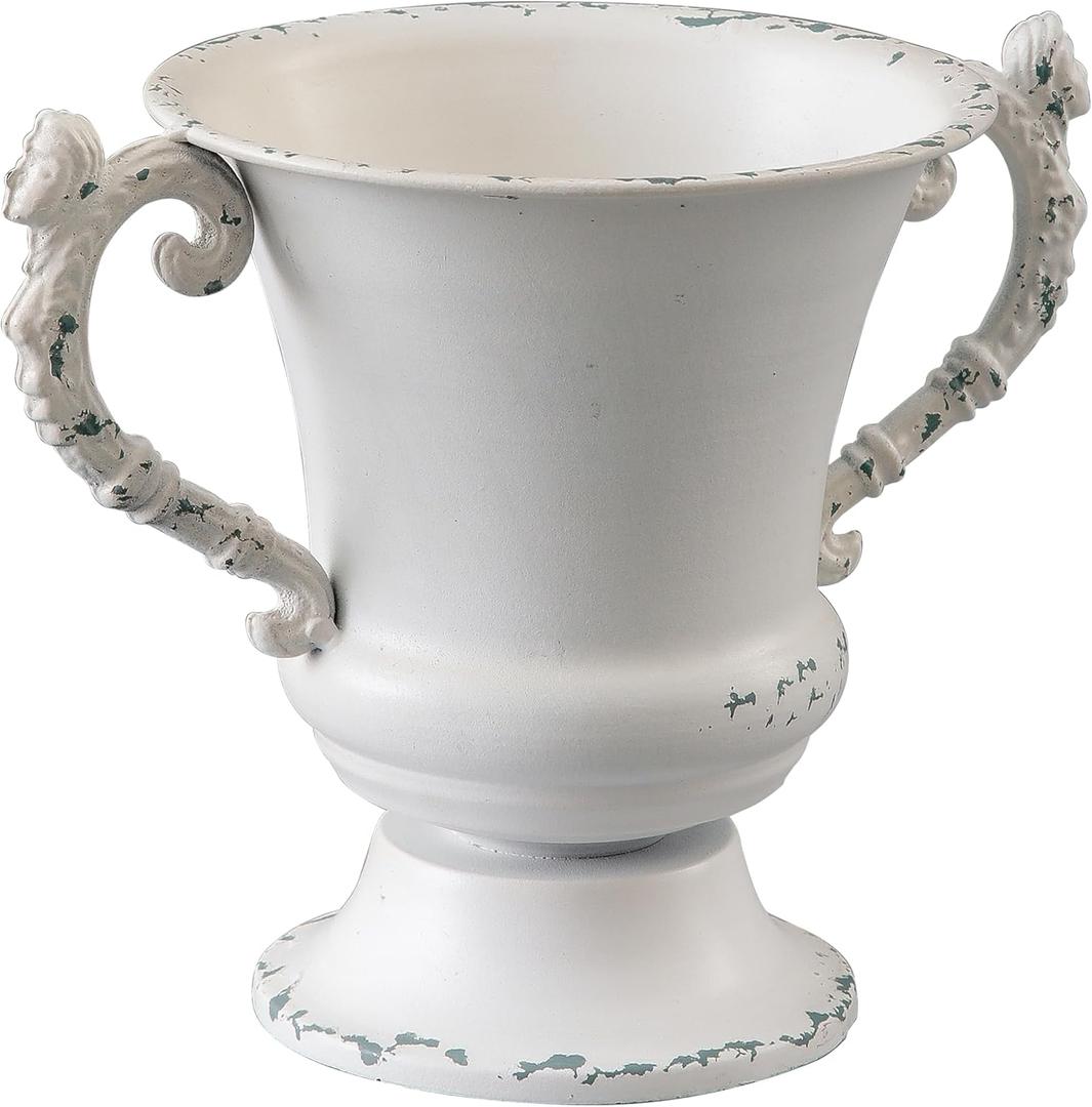 SOFE Distressed White Metal Vase, Decorative Rustic Flower Vase for Wedding Home Decor, 7 Inch Tall Small Urn Planter, Ideal Shelf Decor, Living Room Kitchen Office Table Centerpieces