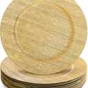 Jucoan 12 Pack Gold Charger Plates for Dinner Plates, 13 Inch Round Plastic Shiny Texture Strip Charger Plates for Wedding Thanksgiving Christmas Party Event Catering Hotel Tabletop Setting Decor
