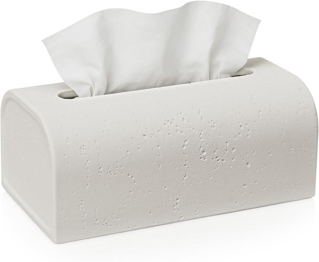 Tissue Box Cover Rectangle, Resin Decorative Facial Tissue Holder Covers Toilet Paper Holder Travertine Stone Look Paper Dispenser Home Decor for Bathroom Bedroom Living Room Office - Off White