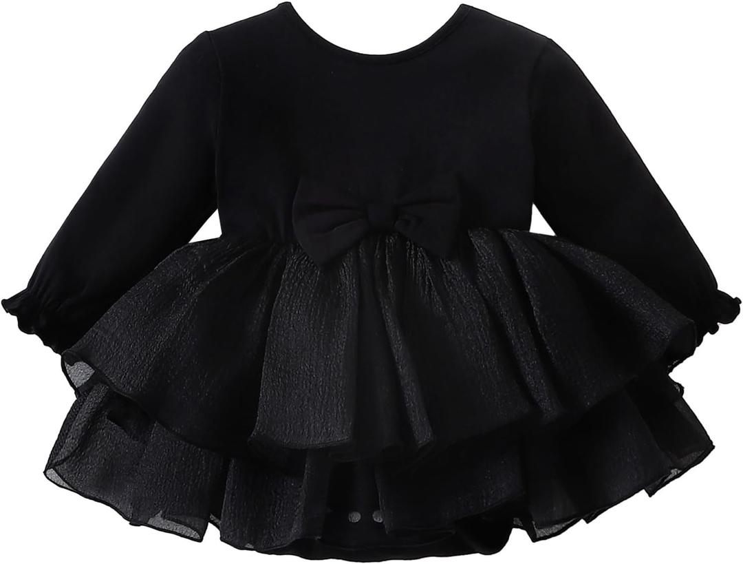 TENTIDE Baby Girl My Little Black Dress Romper Cotton Ruffle Long Sleeve Tutu Dress Birthday Party Fall Winter Clothes (Black, 12-18 Months)