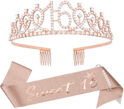 16th Birthday Crown and Sash Kit- "Sweet 16"Birthday Decorations 16th Birthday Party Gifts Birthday Party Supplies for Girls (rose gold)