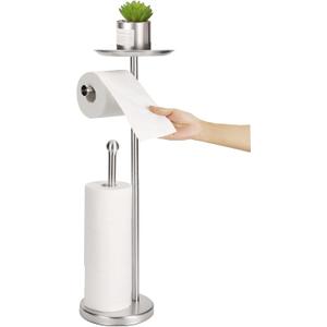 Toilet Paper Holder Stand with Phone Shelf, Freestanding TP Holder, Holds 5 Rolls, Stainless Steel (Brushed Nickel)