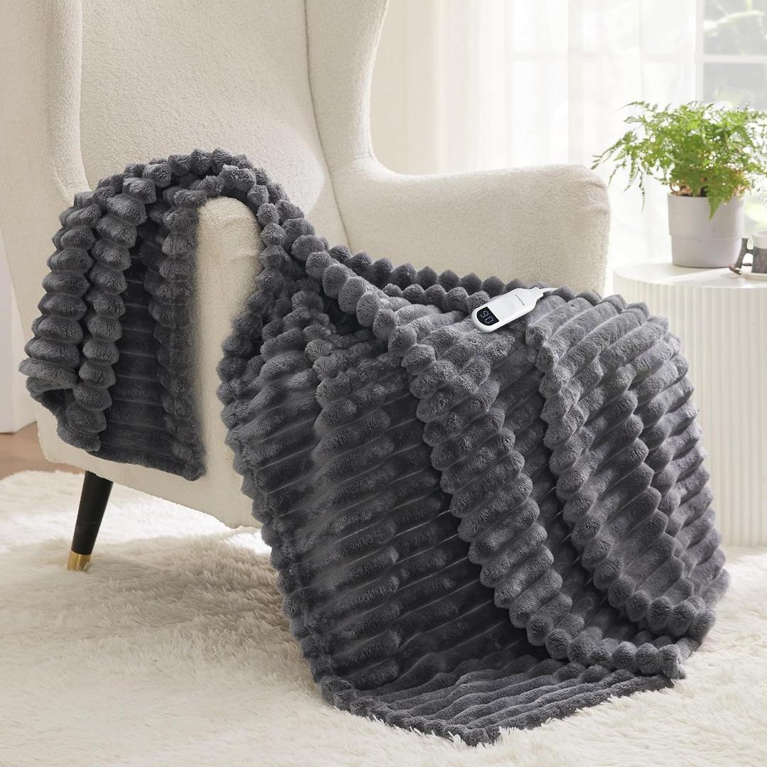 Bedsure Heated Blanket Electric Throw - Thick Striped Flannel Electric Blanket, Heating with 4 Time Settings, 6 Heat Settings, and 3-Hour Timer Auto Shut Off, Gift for Grandma (50x60 inches, Grey)