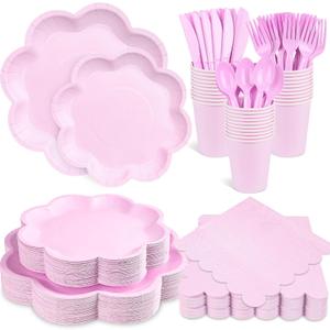 350 Pcs Lavender Paper Plates and Napkins Set, Tableware Set for 50 Guests Include Disposable Purple Scalloped Plates, Napkins, Cups, Knives, Fork & Spoon for Baby Shower Wedding Bridal Shower