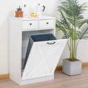 13 Gallons Tilt Out Trash Cabinet, Hidden Trash Can Cabinet Wooden Free Standing Kitchen Trash Recycling Cabinet with Drawer for Kitchen (White)
