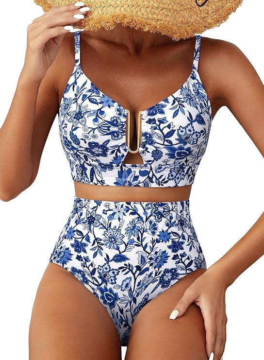 Herseas Womens 2 Piece High Waisted U Wire Bikini Set Floral Print Swimsuit Crisscross Back Bathing Suit Beach Swimwear, Medium