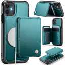 Compatible with Magsafe for iPhone 12/12 Pro Wallet Case Magnetic Card Holder, RFID Blocking 2 in 1 Detachable Kickstand Shockproof Cover for Women Men, Bluish Green