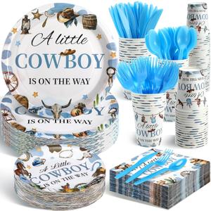 Dandat 350 Pcs Baby Shower Plates Set Baby Shower Party Supplies Serves 50 Tableware Sets Include Plates Napkin Cup Forks Knives Spoons Disposable Dinnerware(Cowboy,Blue)