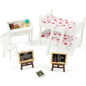 SAMCAMI Miniature Dollhouse Furniture 1 12 Scale - Wooden Dollhouse Bed Set - Doll House Furniture Toys Incl Doll Bed, Desk, Books, blackboards and Other Dollhouse Accessories